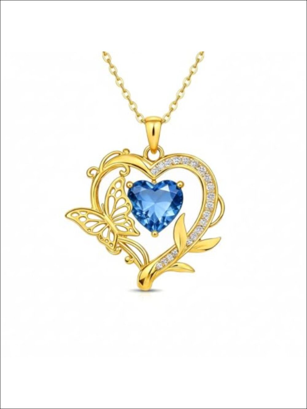 14K Gold Plated Heart Cut Blue Zircon Butterfly Pendant Necklace